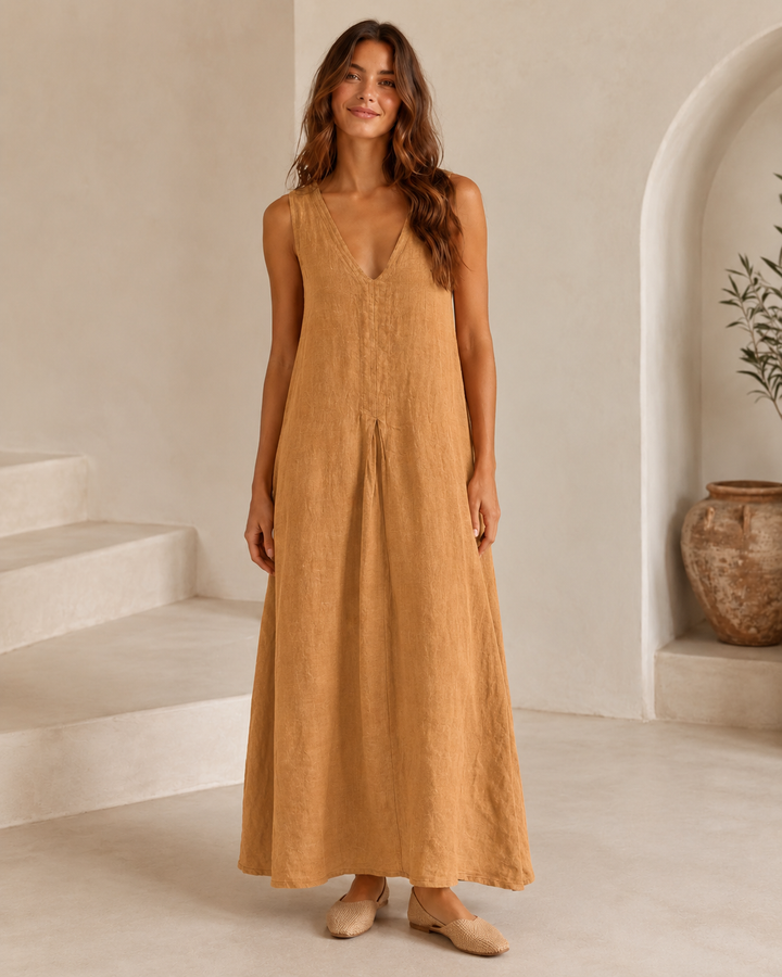 Camel Sleeveless Linen Maxi Dress