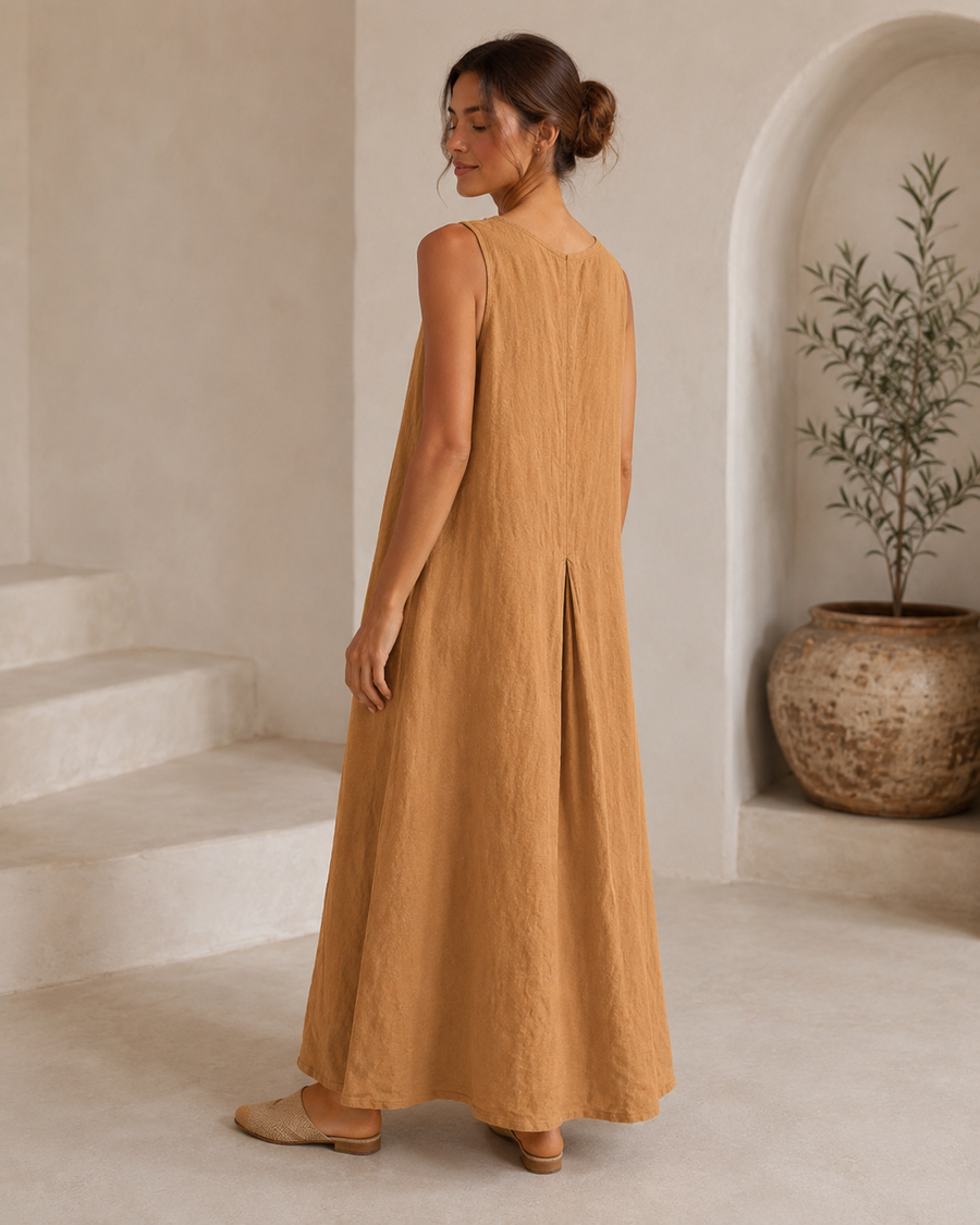Camel Sleeveless Linen Maxi Dress