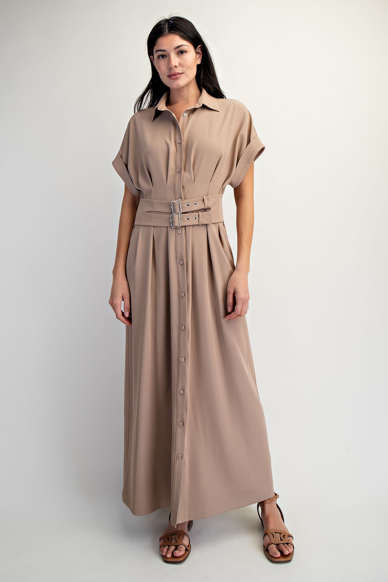 DOUBLE BELT DETAIL ROLL UP SLEEVE MAXI SHIRT DRESS