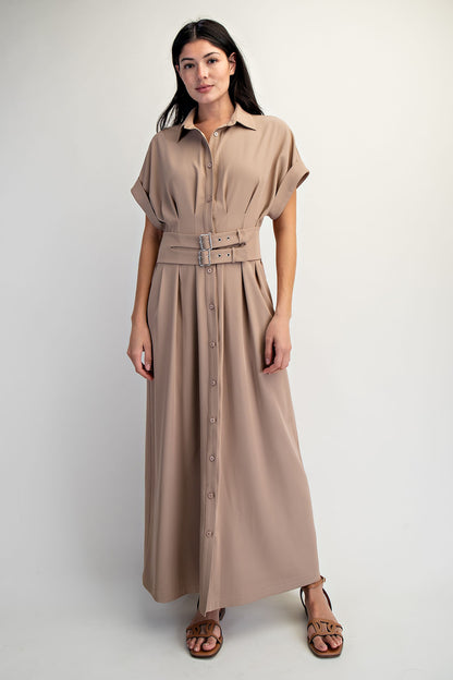 DOUBLE BELT DETAIL ROLL UP SLEEVE MAXI SHIRT DRESS