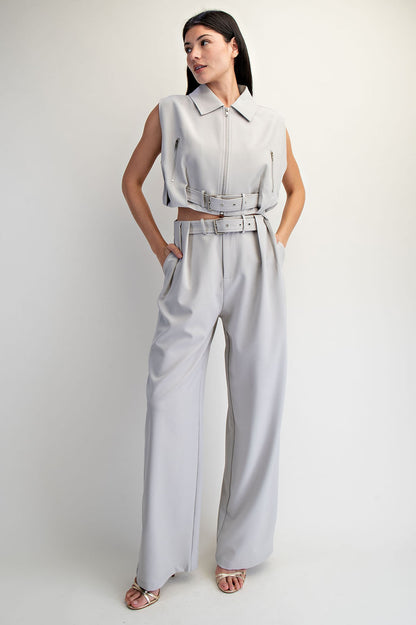 ZIP-UP COLLARED CROP WOVEN TOP WITH BELTED FRONT