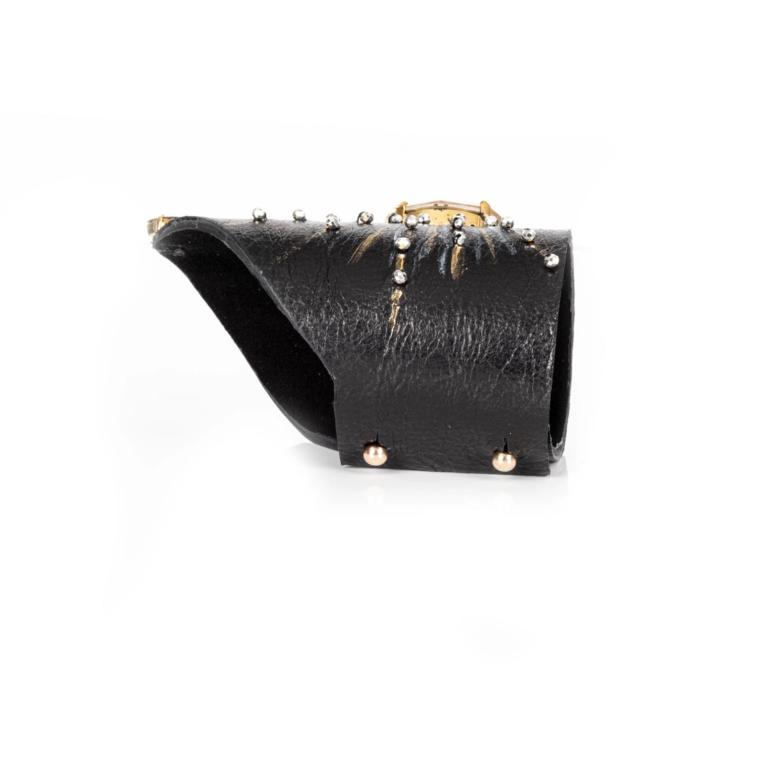 Black Leather Sunburst Crystal Statement Cuff Bracelet