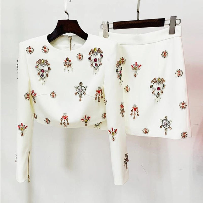 Delaney White Rhinestone Top and Skirt Two Piece Set
