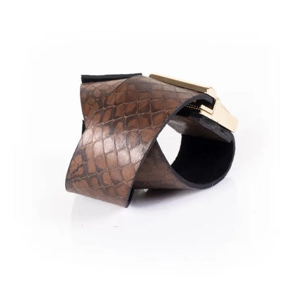 Wide Brown Snakeskin-Textured Leather Cuff Bracelet