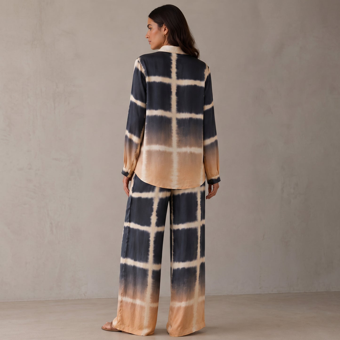 Navy & Peach Tie-Dye Satin Shirt and Wide-Leg Pants Set