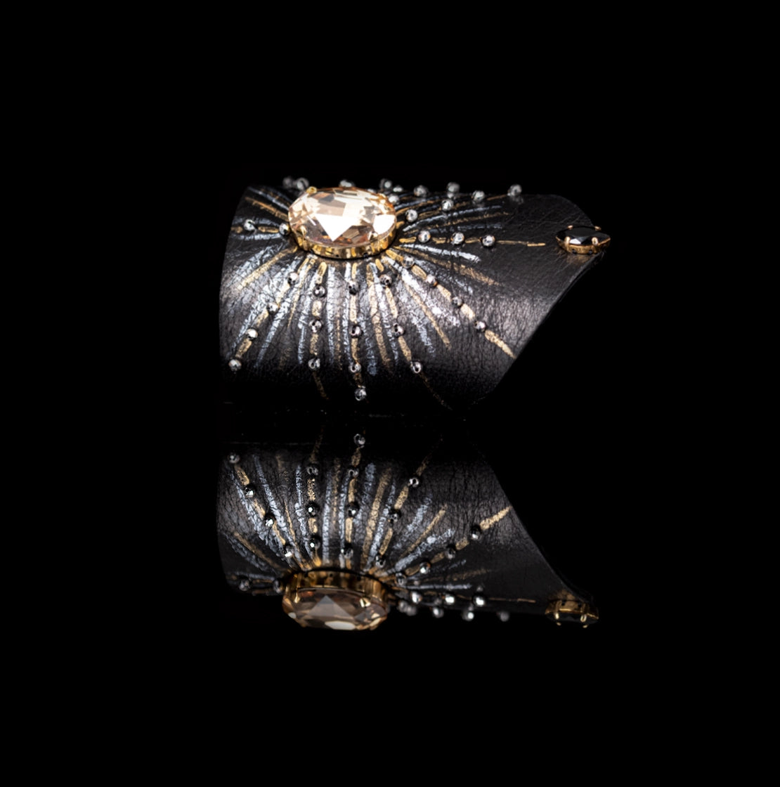 Black Leather Sunburst Crystal Statement Cuff Bracelet