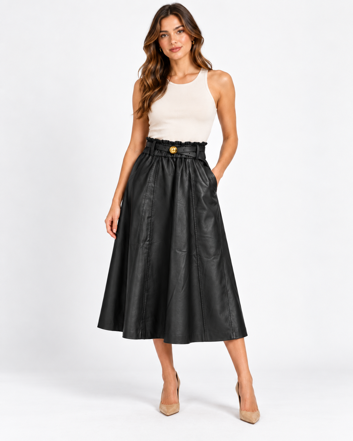 Black leather Paperbag Midi Skirt