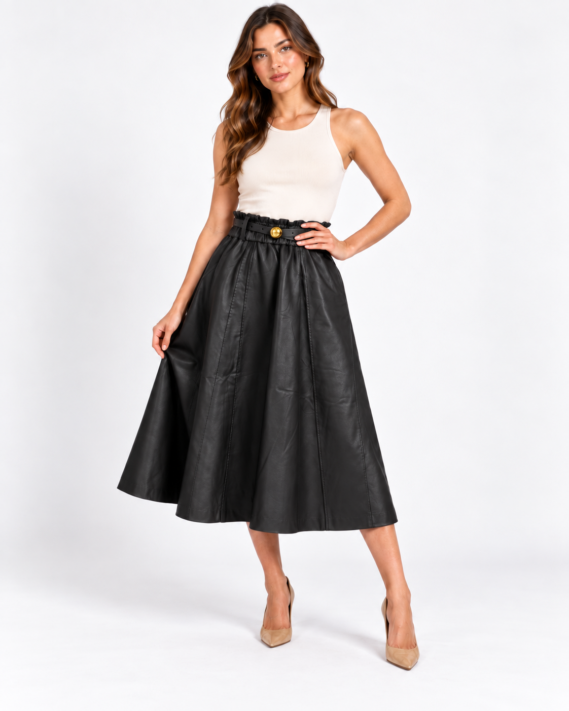 Black leather Paperbag Midi Skirt