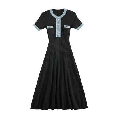Short-Sleeved Knitted Dress with Denim Trim