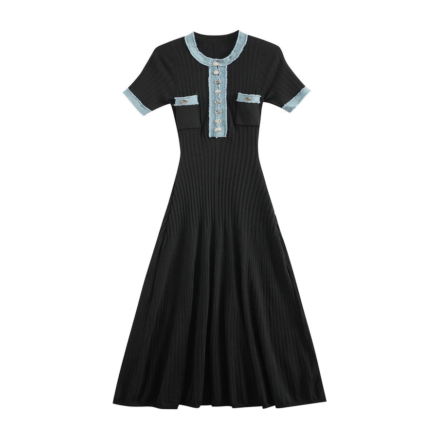 Short-Sleeved Knitted Dress with Denim Trim