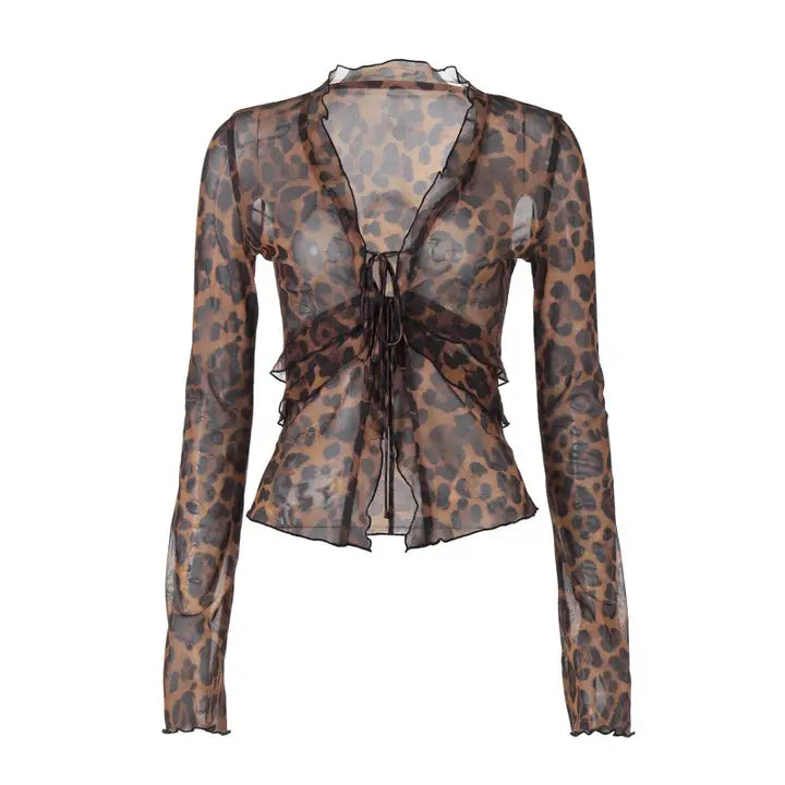 Leopard Print Mesh Ruffled Top