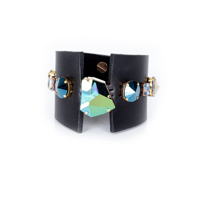 Midnight Steel Crystal Leather Cuff