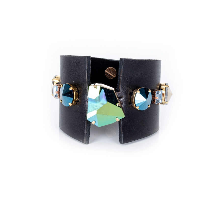 Midnight Steel Crystal Leather Cuff