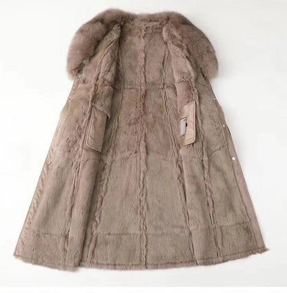 Elegant Mid-Length Faux Fur Coat with Fox Fur Collar