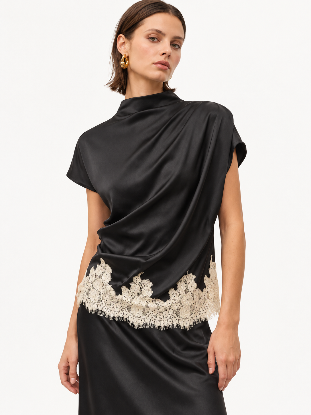 Black Satin Lace-Trim Draped Top