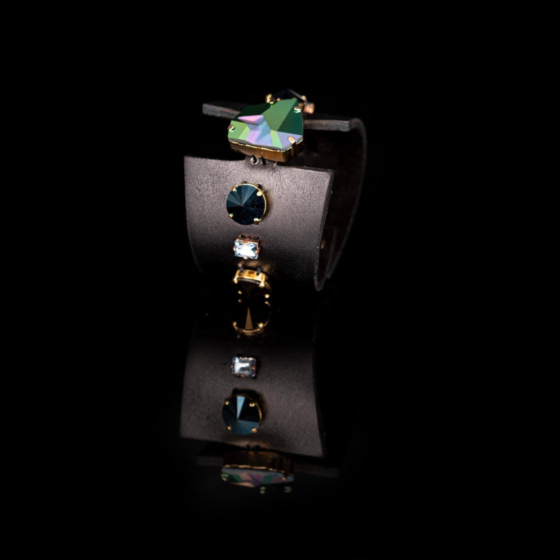 Midnight Steel Crystal Leather Cuff