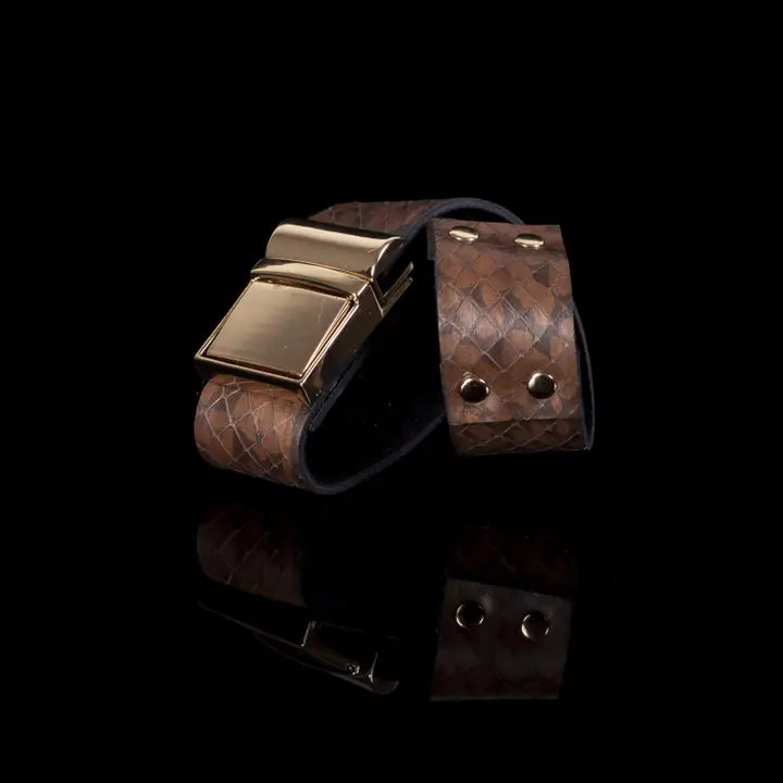 Wide Brown Snakeskin-Textured Leather Cuff Bracelet