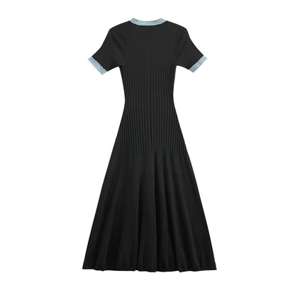 Short-Sleeved Knitted Dress with Denim Trim