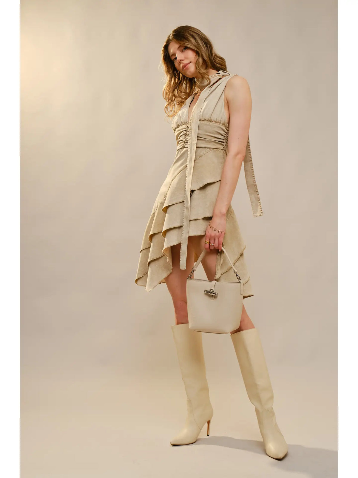 Layered Hem Ruched Waistband Dress