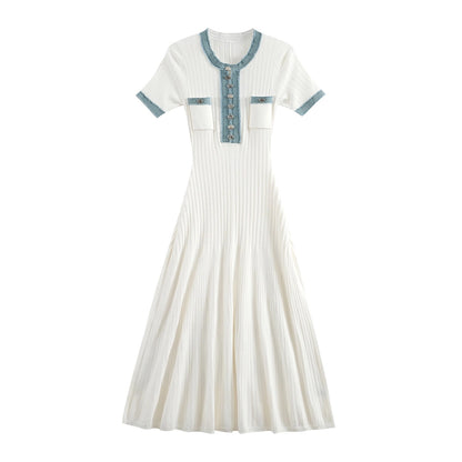 Short-Sleeved Knitted Dress with Denim Trim