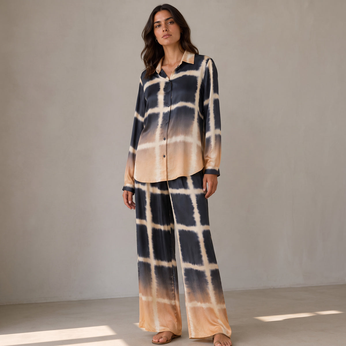 Navy & Peach Tie-Dye Satin Shirt and Wide-Leg Pants Set