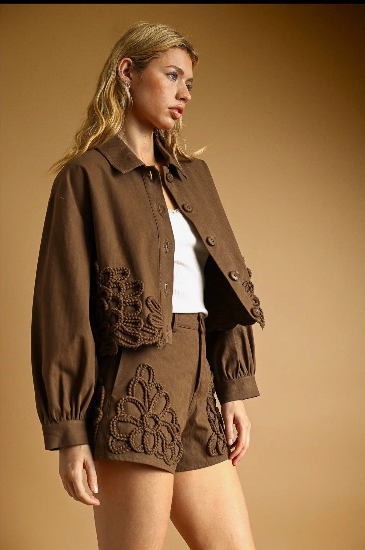 Mocha Embroidered Cropped Jacket