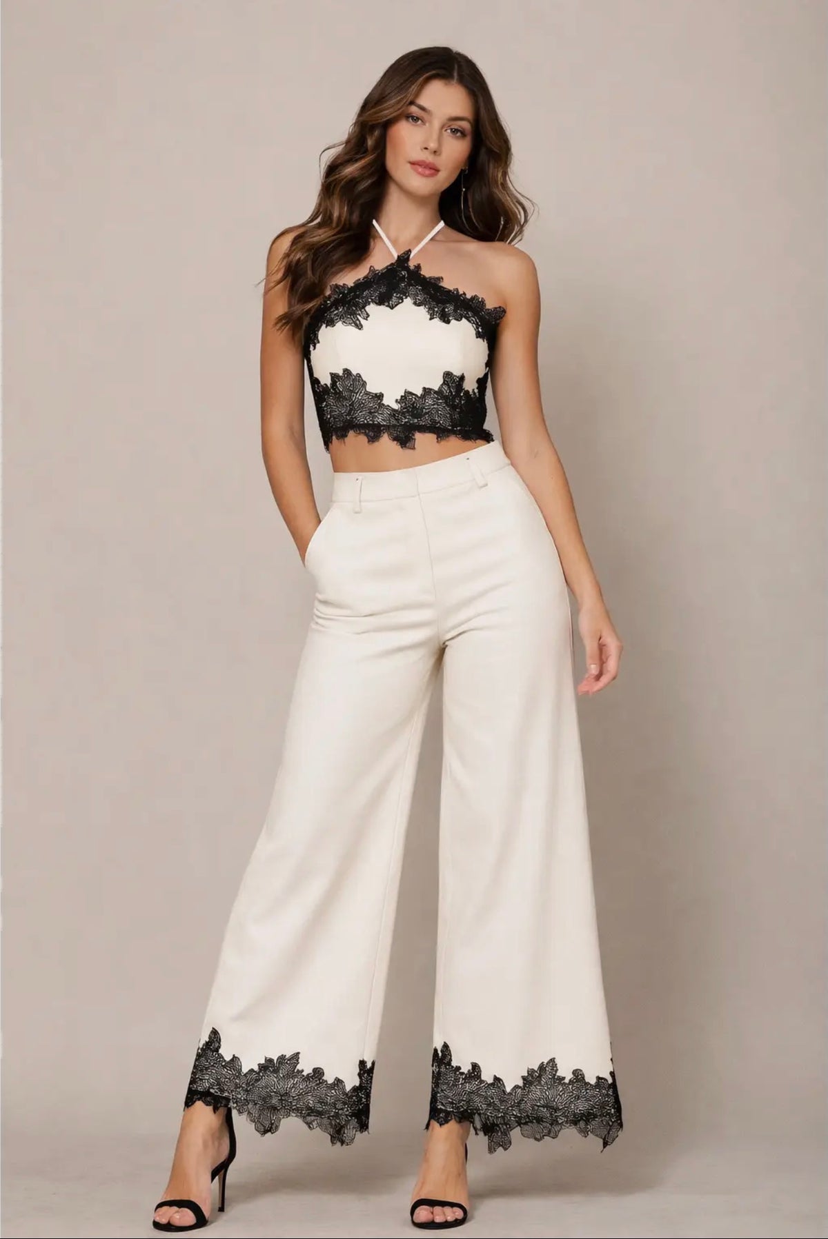 White Wide-Leg Pants with Black Lace Trim