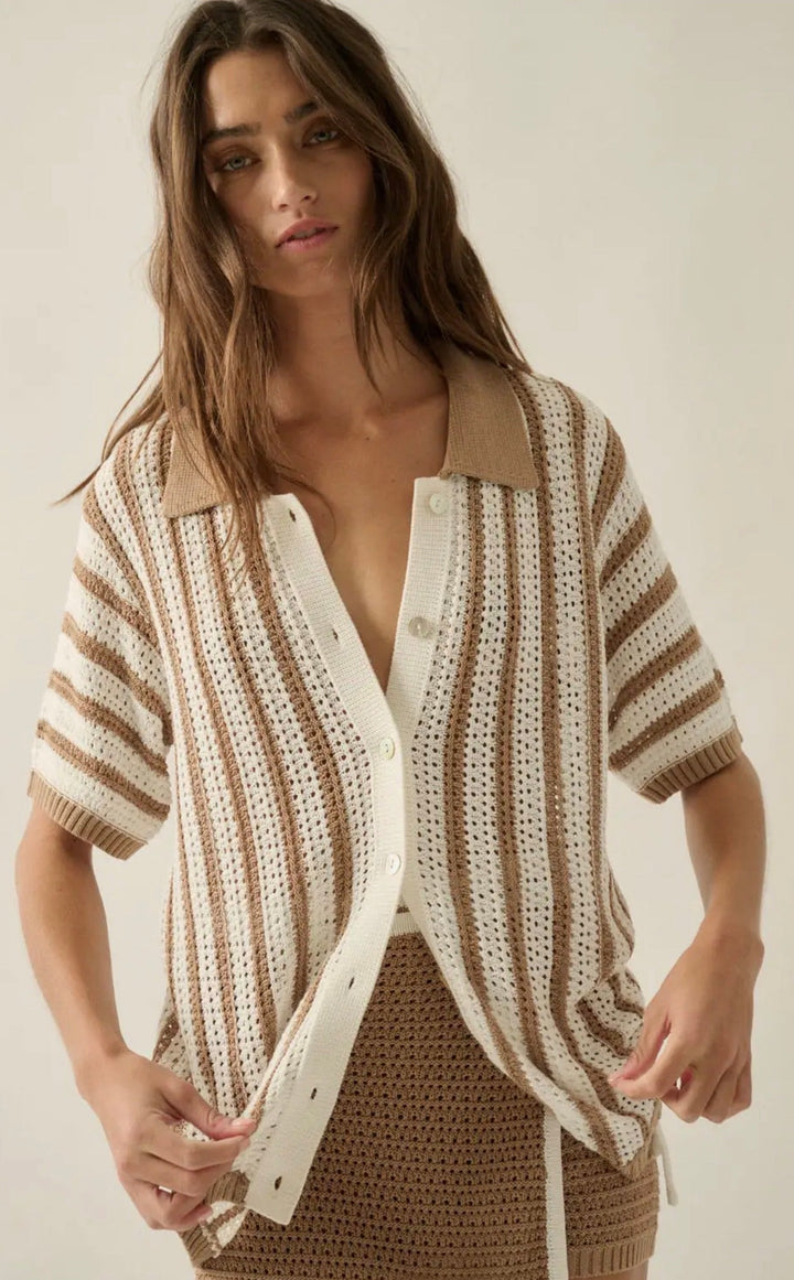 Striped Crochet Knit Button-Up Shirt