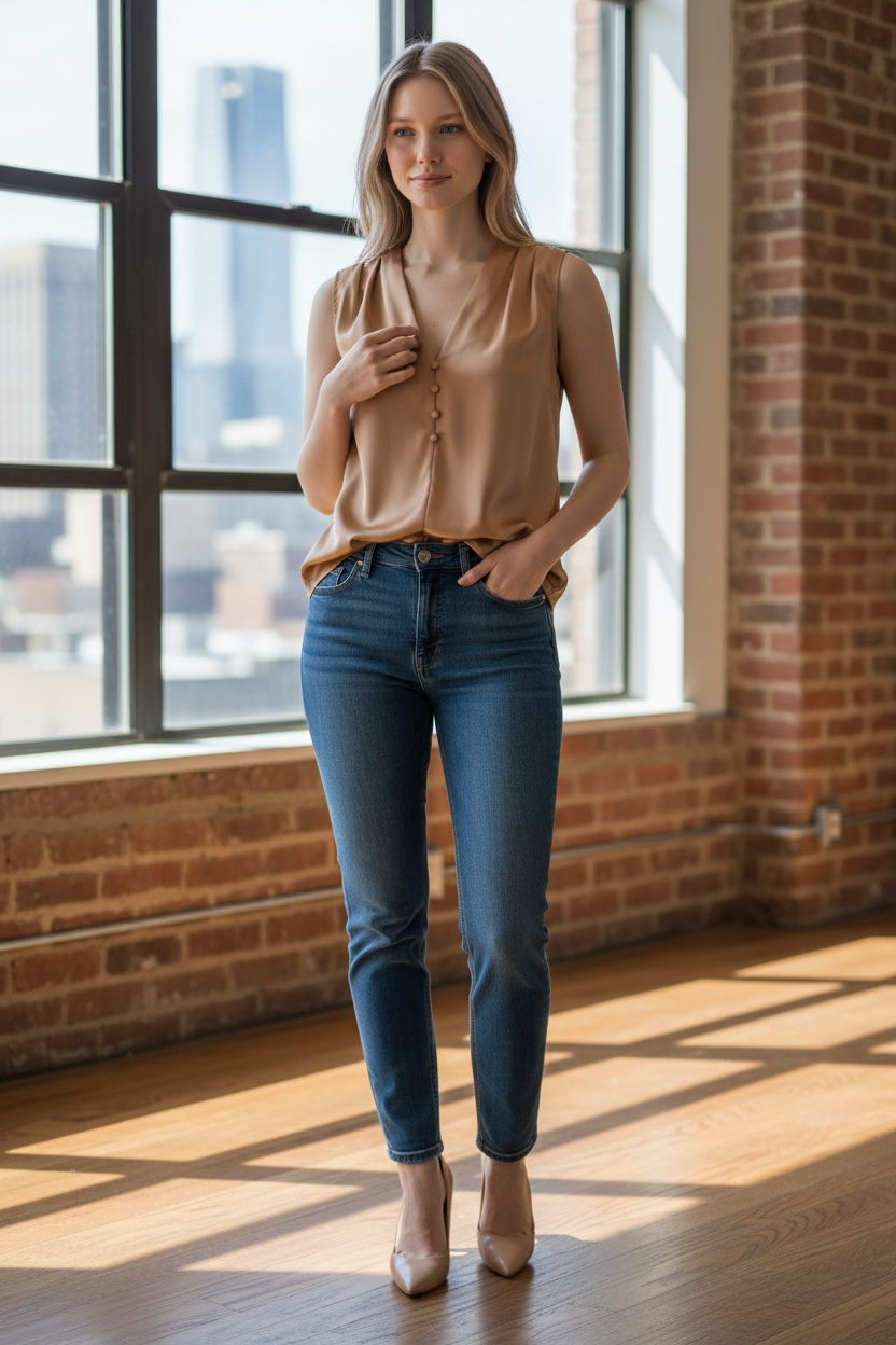 Sienna Khaki Satin Button-Front Blouse