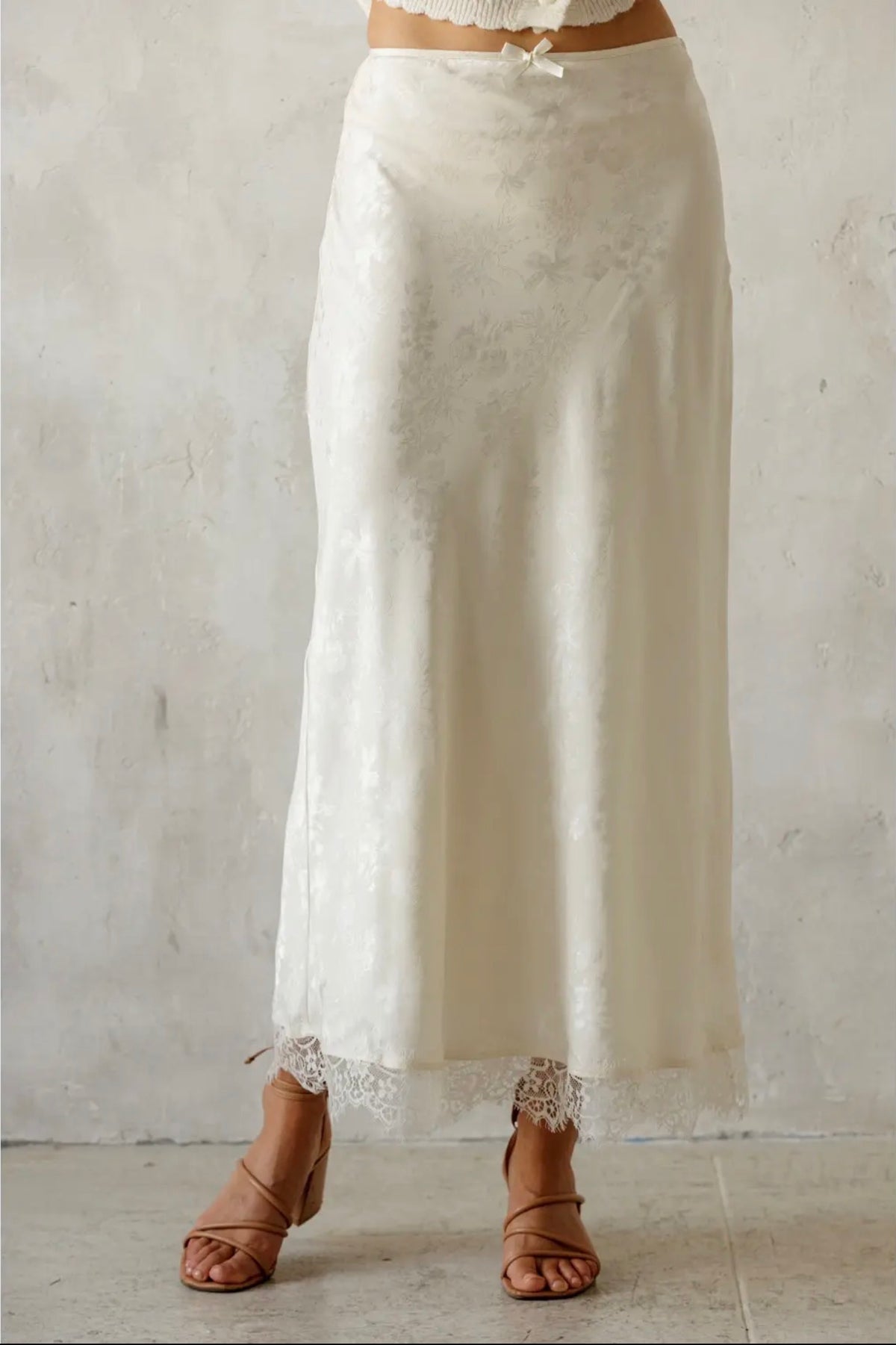 Ivory Satin Jacquard Lace-Trim Maxi Skirt