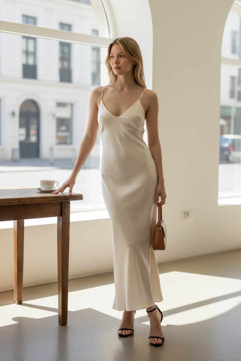 Ivory White Luna Satin Slip Maxi Dress