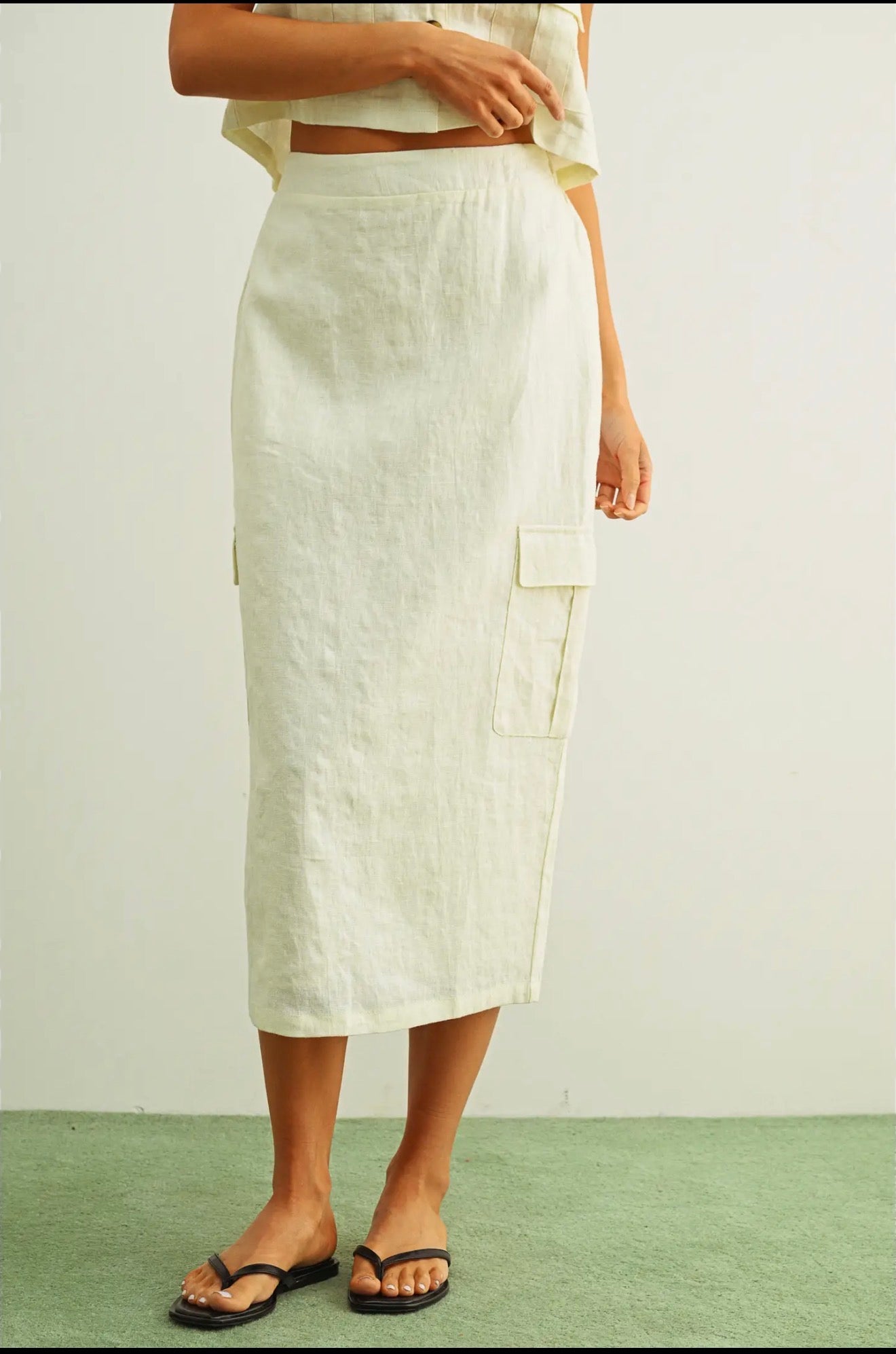Ivory Linen Cargo Midi Skirt
