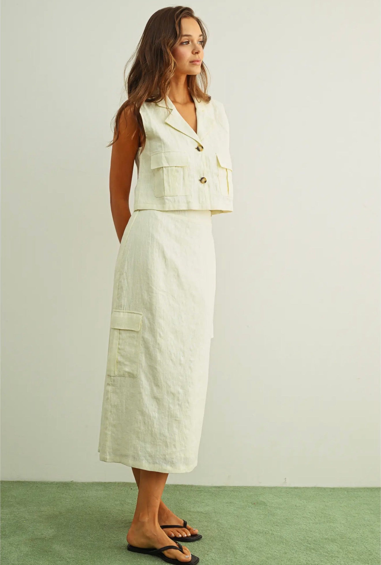 Ivory Linen Cargo Midi Skirt