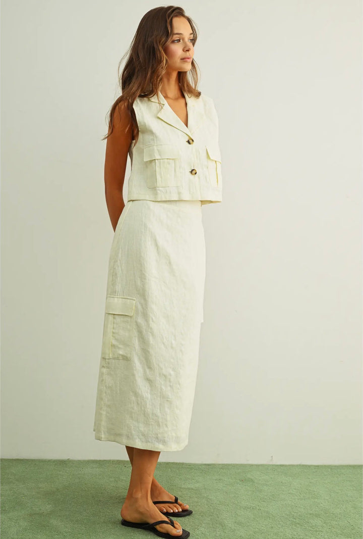 Ivory Linen Cargo Midi Skirt