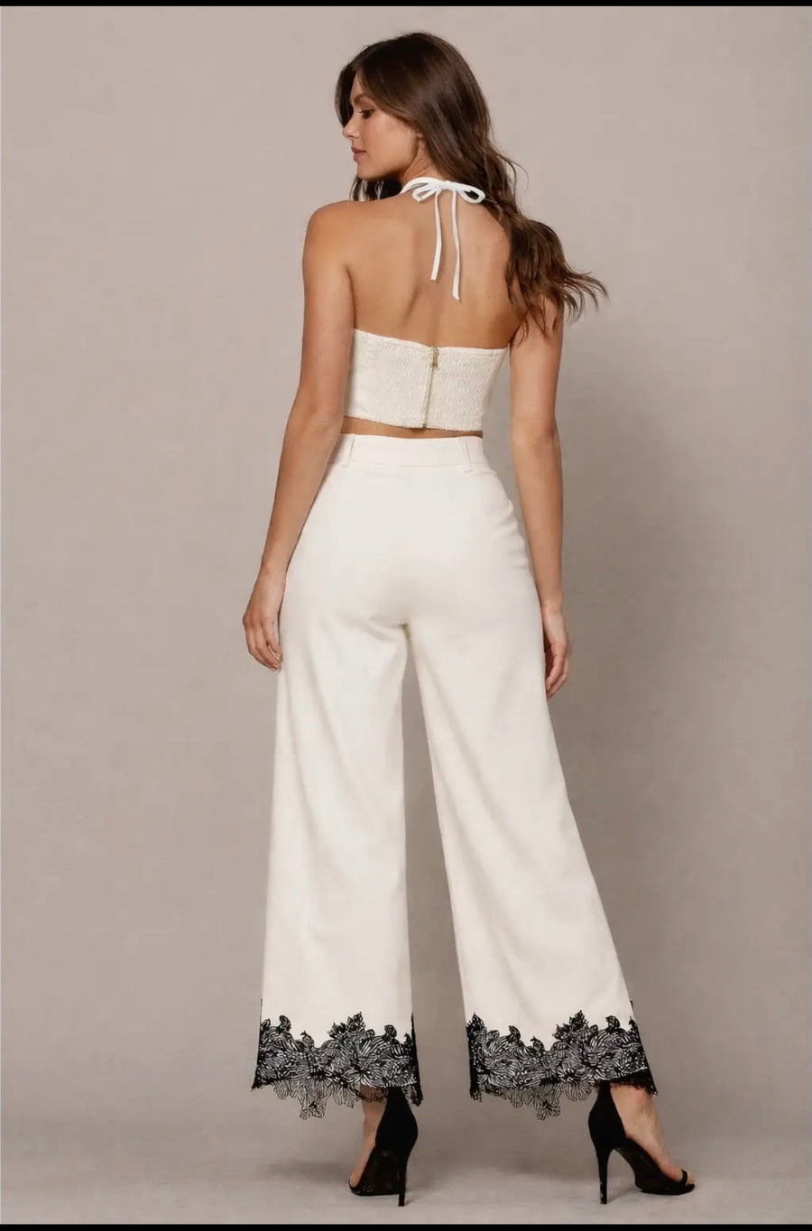 White Wide-Leg Pants with Black Lace Trim