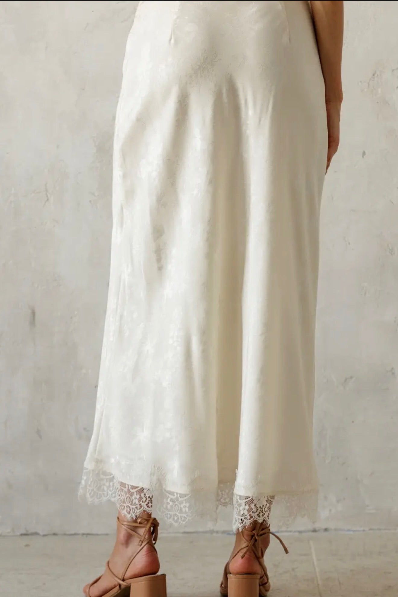 Ivory Satin Jacquard Lace-Trim Maxi Skirt