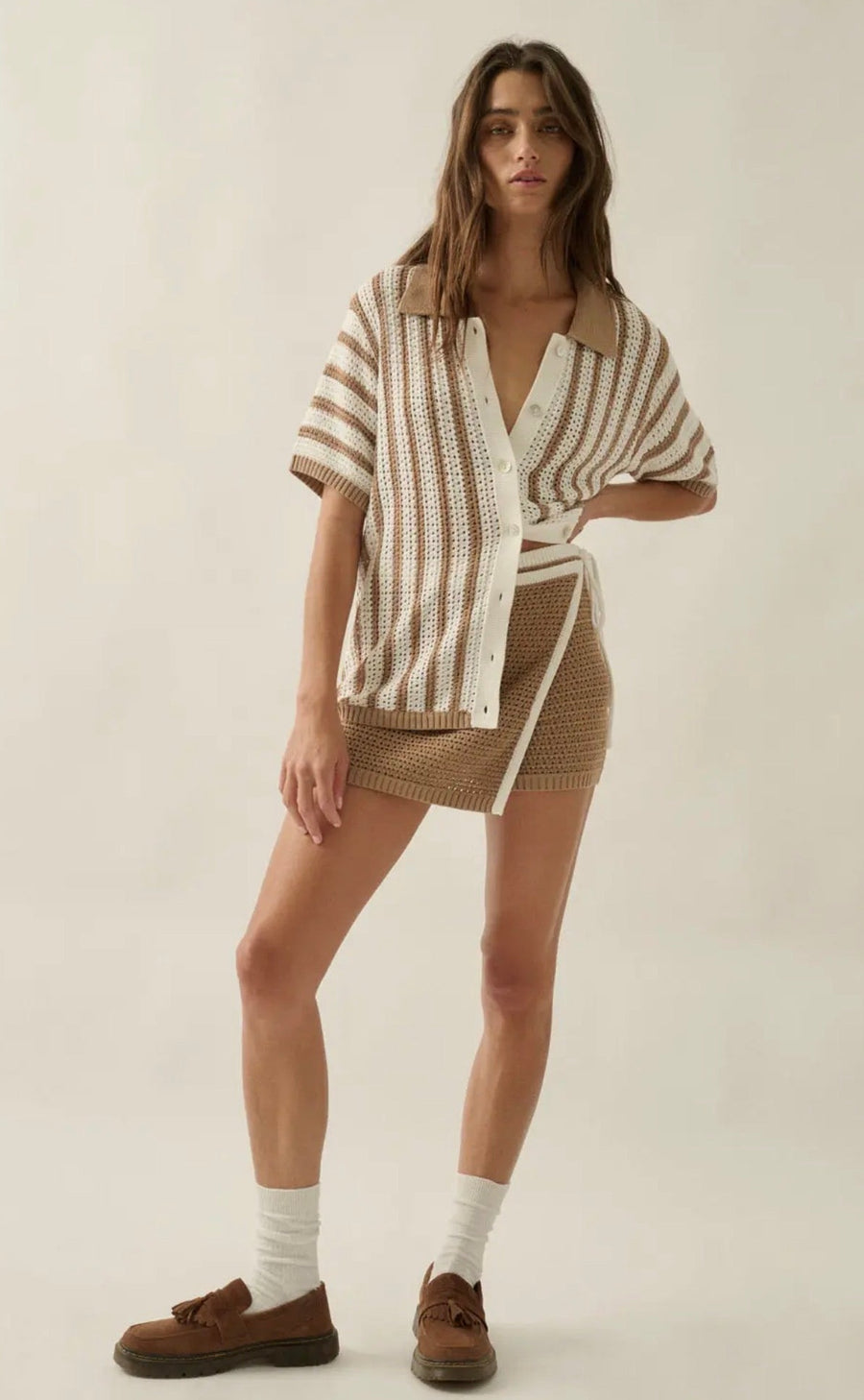 Striped Crochet Knit Button-Up Shirt