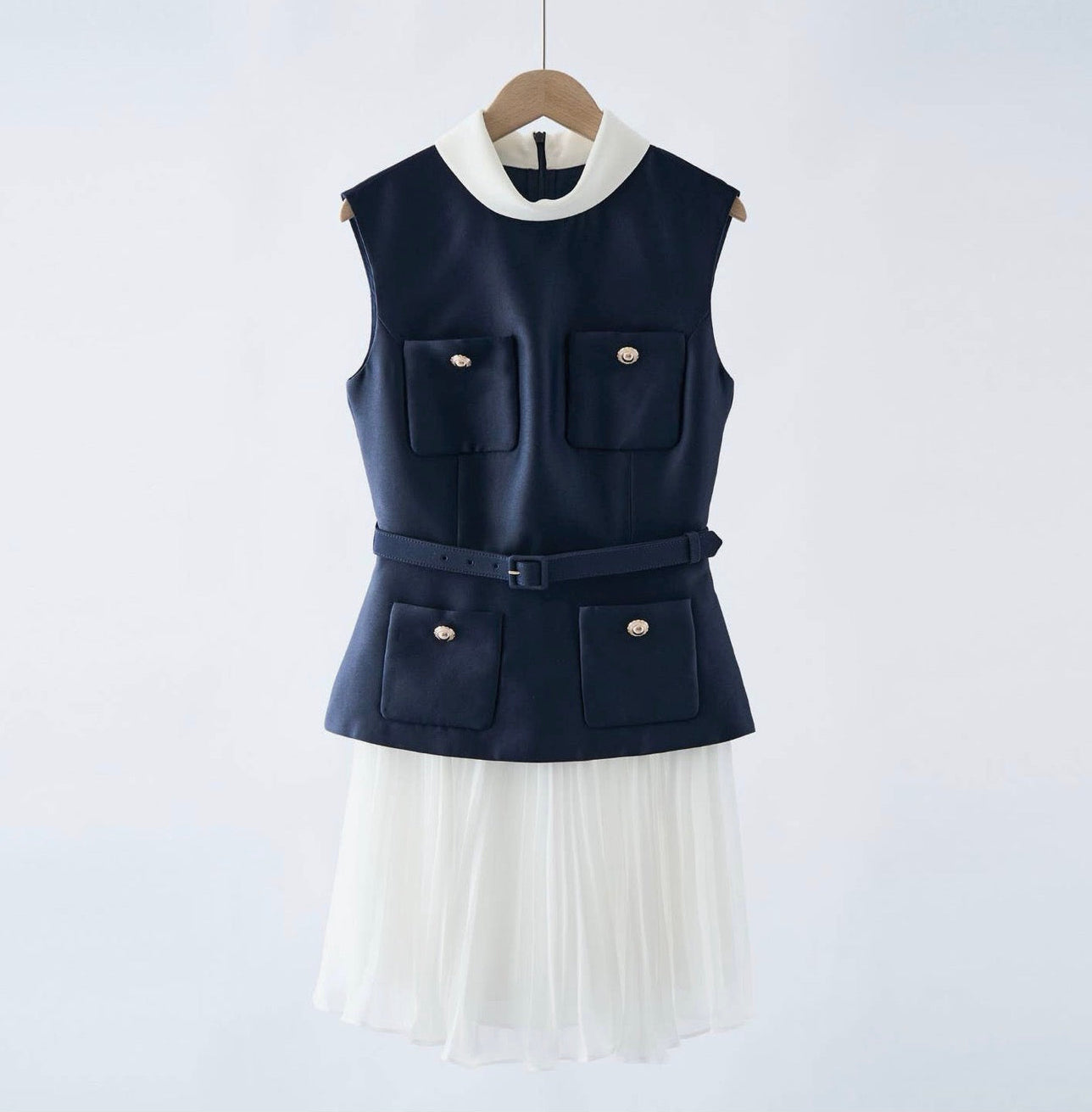 Navy & White Belted Pleated Mini Dress