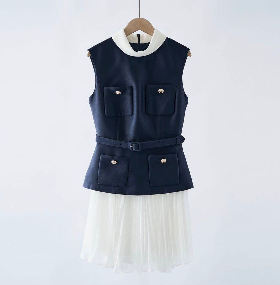 Navy & White Belted Pleated Mini Dress