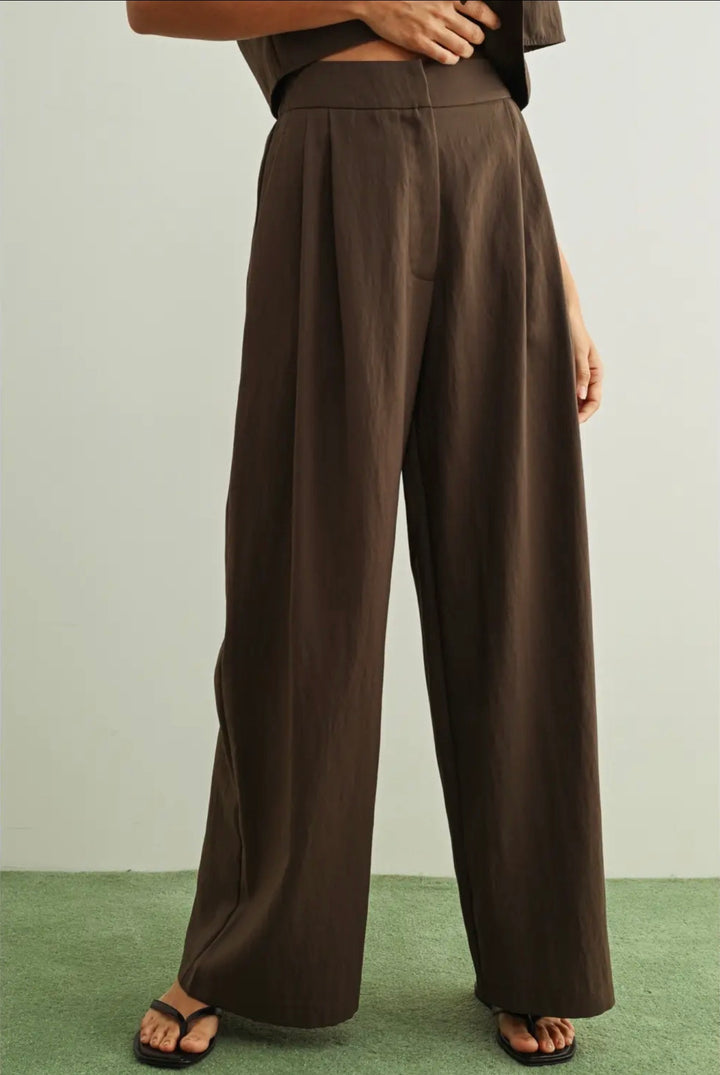 Mocha Wide-Leg Pleated Pants