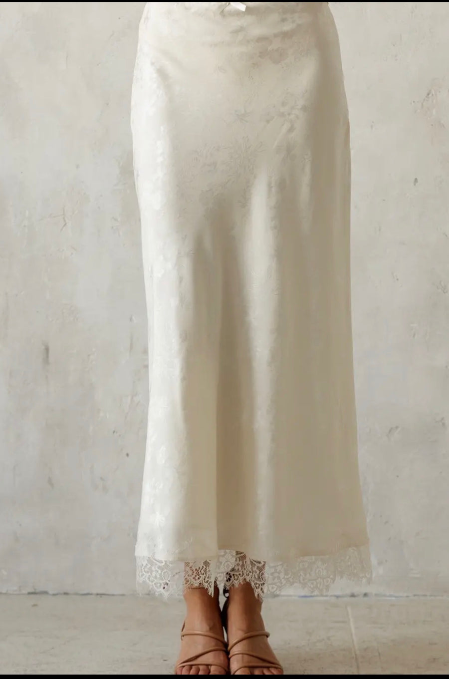 Ivory Satin Jacquard Lace-Trim Maxi Skirt