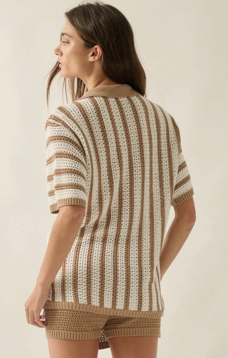 Striped Crochet Knit Button-Up Shirt