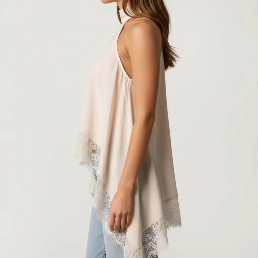 Elara Ivory Lace-Trim Asymmetrical Halter Top
