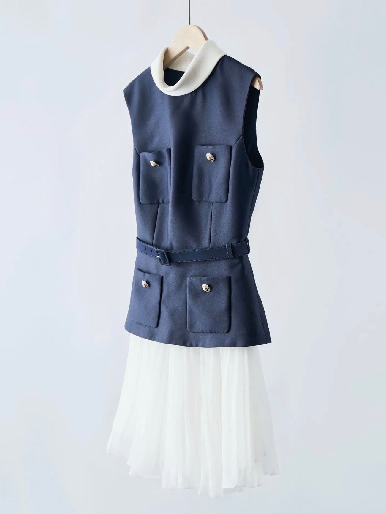 Navy & White Belted Pleated Mini Dress