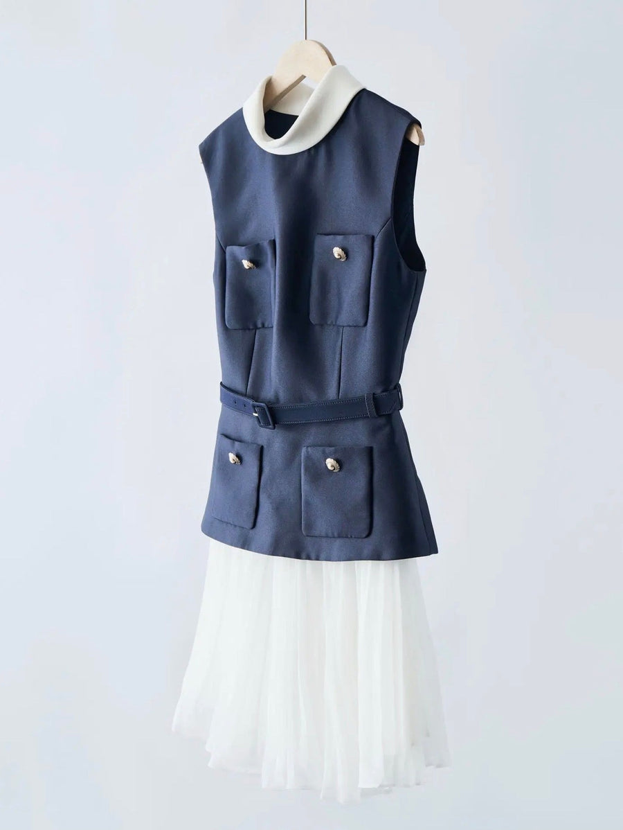 Navy & White Belted Pleated Mini Dress