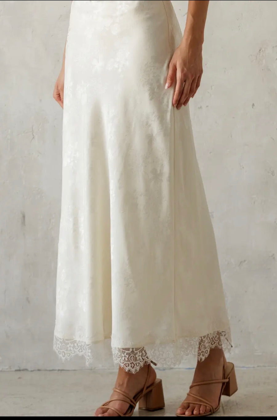 Ivory Satin Jacquard Lace-Trim Maxi Skirt