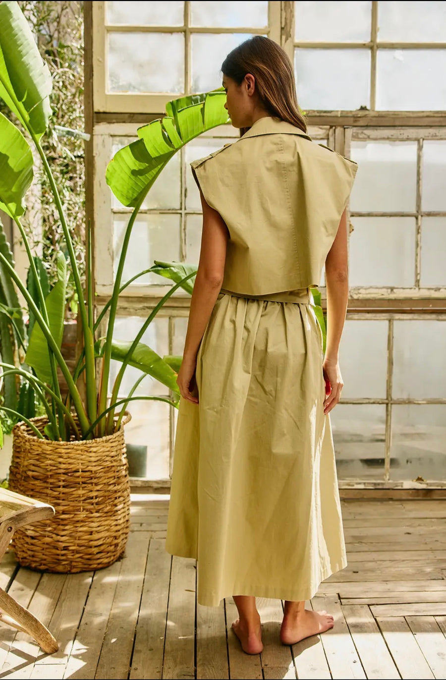 Khaki Belted Button Front Midi Skirt