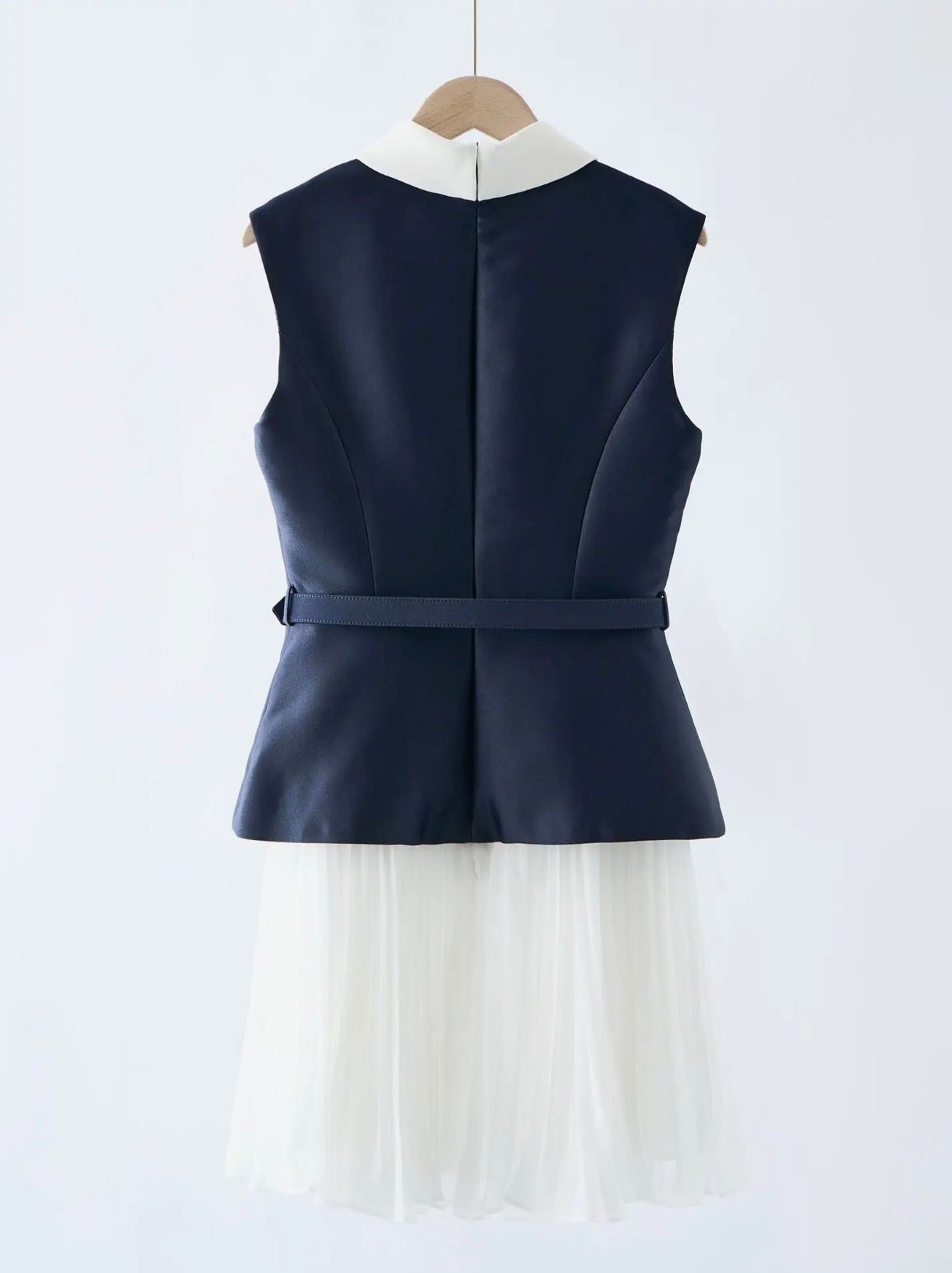 Navy & White Belted Pleated Mini Dress
