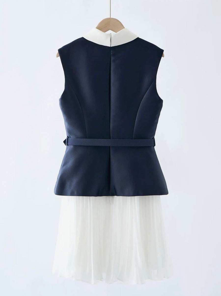 Navy & White Belted Pleated Mini Dress