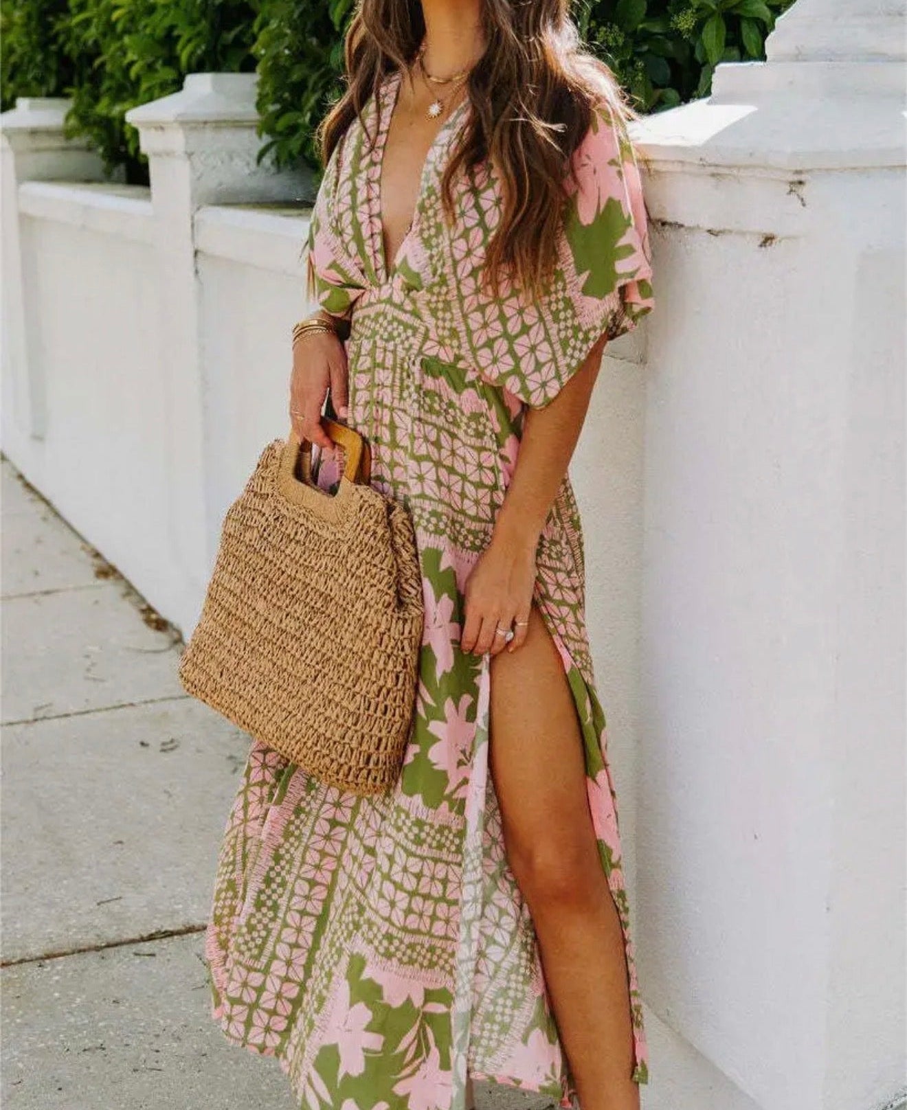 Colorful Green & Pink Floral V-Neck Maxi Dress